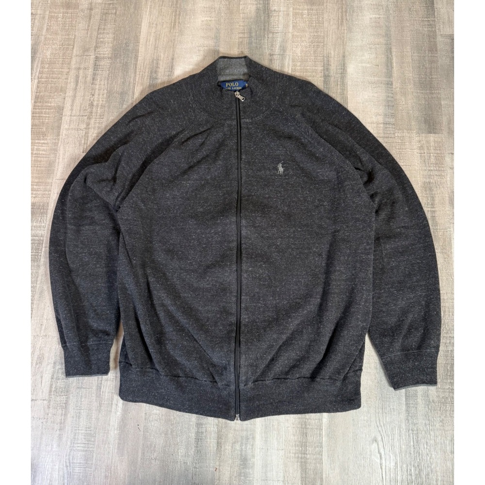 Polo Ralph Lauren Mens XL Full Zip Sweater Charcoal Gray Heather Mock Neck Pony